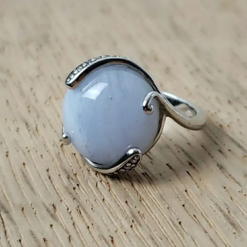 Blue Lace Agate Cabochon Ring CZ Accent 925 Silver Size 6